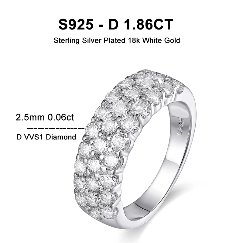 KNOBSPIN D VVS1 Anillos de moissanita para mujer, sólida plata 925 chapada en oro blanco de 18 quilates, banda de aniversario de media eternidad de 3 filas