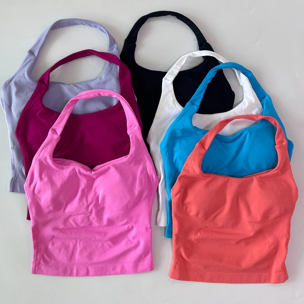 Top sin costuras con cuello Halter para mujer, Top de gimnasio acolchado con tiras y palangre sin espalda, sujetador incorporado, copas extraíbles, ropa deportiva, camisetas sin mangas para Yoga