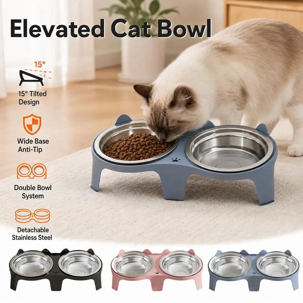 Juego de Comederos Ergonómicos para Gatos con Protección para el Cuello, Diseño Doble para Agua y Comida, Antideslizante