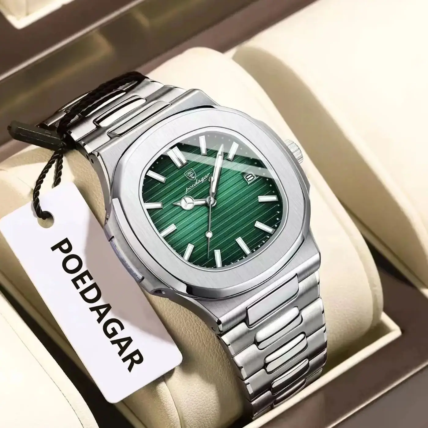 Reloj de pulsera POEDAGAR Original cuadrado para hombre con fecha resistente al agua reloj luminoso de acero inoxidable para hombre relojes de cuarzo de negocios a la moda para hombre