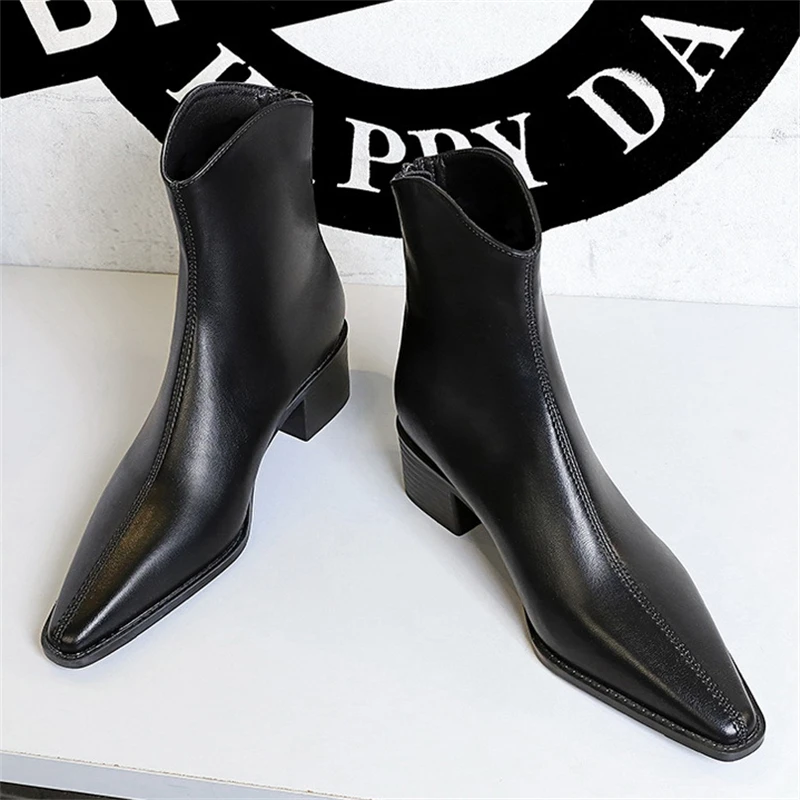 BIGTREE estilo callejero diseñador Vintage puntiagudos cremallera Mujer botines Otoño Invierno moda zapatos de tacón cuadrado Botas Mujer