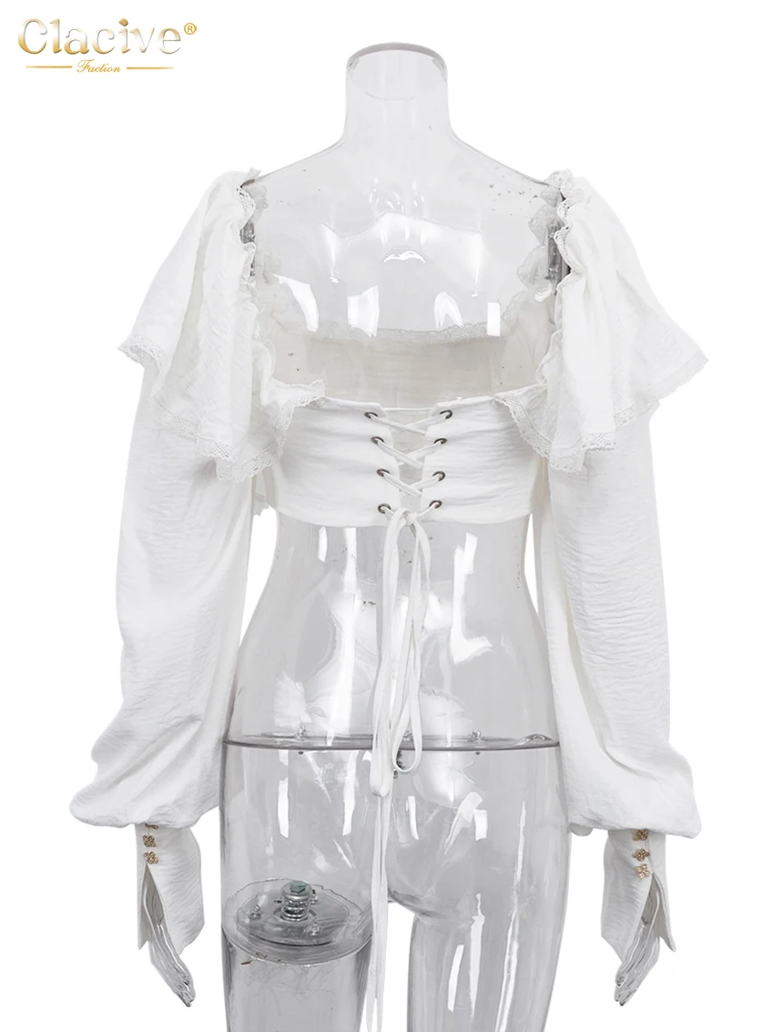 Clacive-Top blanco ajustado para mujer, Top corto de manga larga con cuello cuadrado a la moda, Tops lisos clásicos elegantes, ropa femenina 2025