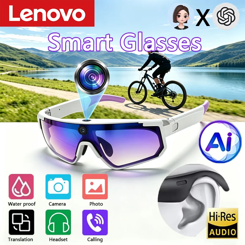 Gafas Inteligentes Lenovo con IA, Cámara HD 8K de 1600W con Antivibración, Gafas Deportivas para Ciclismo con Foto y Video, Micrófono Dual, 32GB, Resistentes al Viento, 2026
