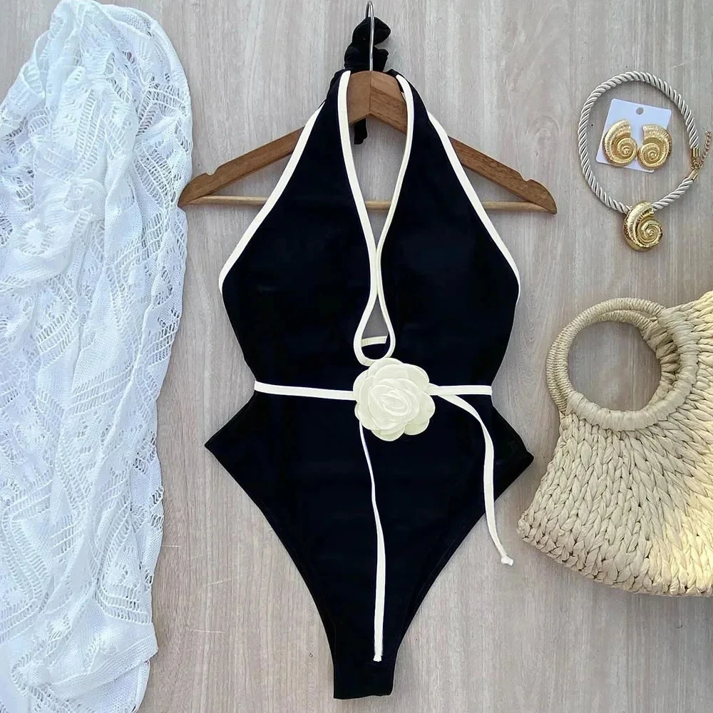 Traje de Baño Floral de Una Pieza, Nuevo Modelo Halter con Tiras, Traje de Baño para Mujer, Monokini, Ropa de Playa