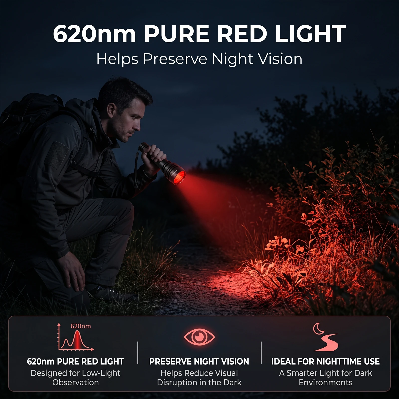UltraFire C8 Linterna Luz Roja 620nm LED Antorcha de Caza Modo Único Visión Nocturna Táctica para Coyote Jabalí Astronomía Impermeable