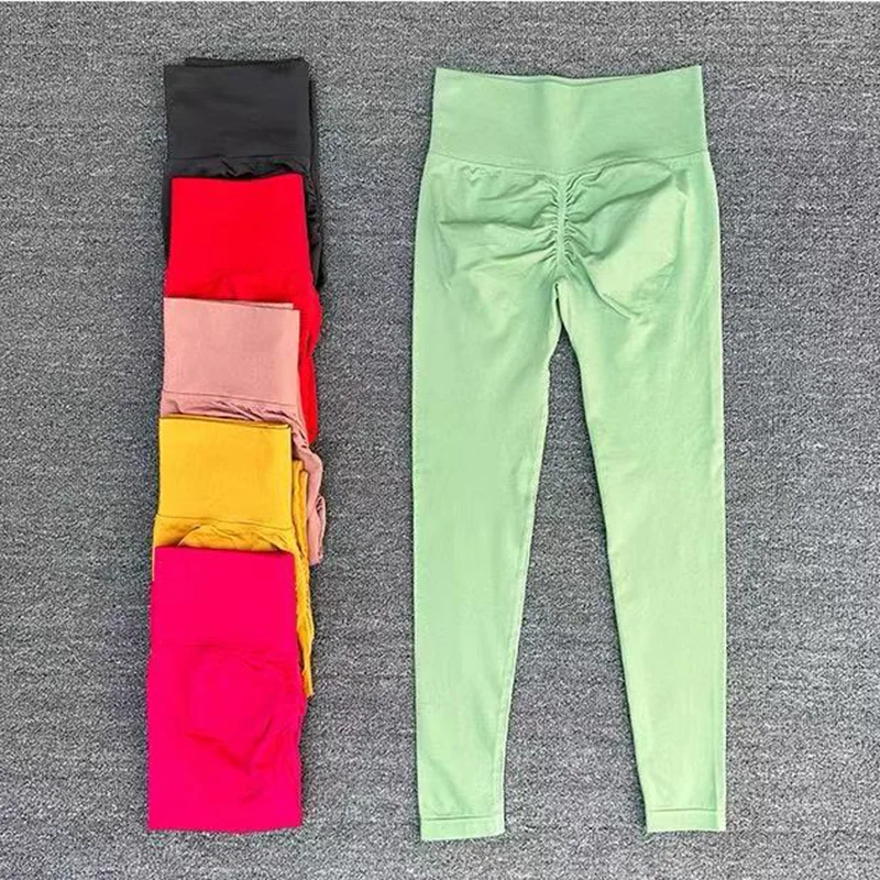 Pantalones deportivos sin costuras para Yoga, mallas deportivas de cintura alta, transparentes, para Yoga, gimnasio, correr, pantalones de secado rápido, pantalones con fruncido en la parte de atrás