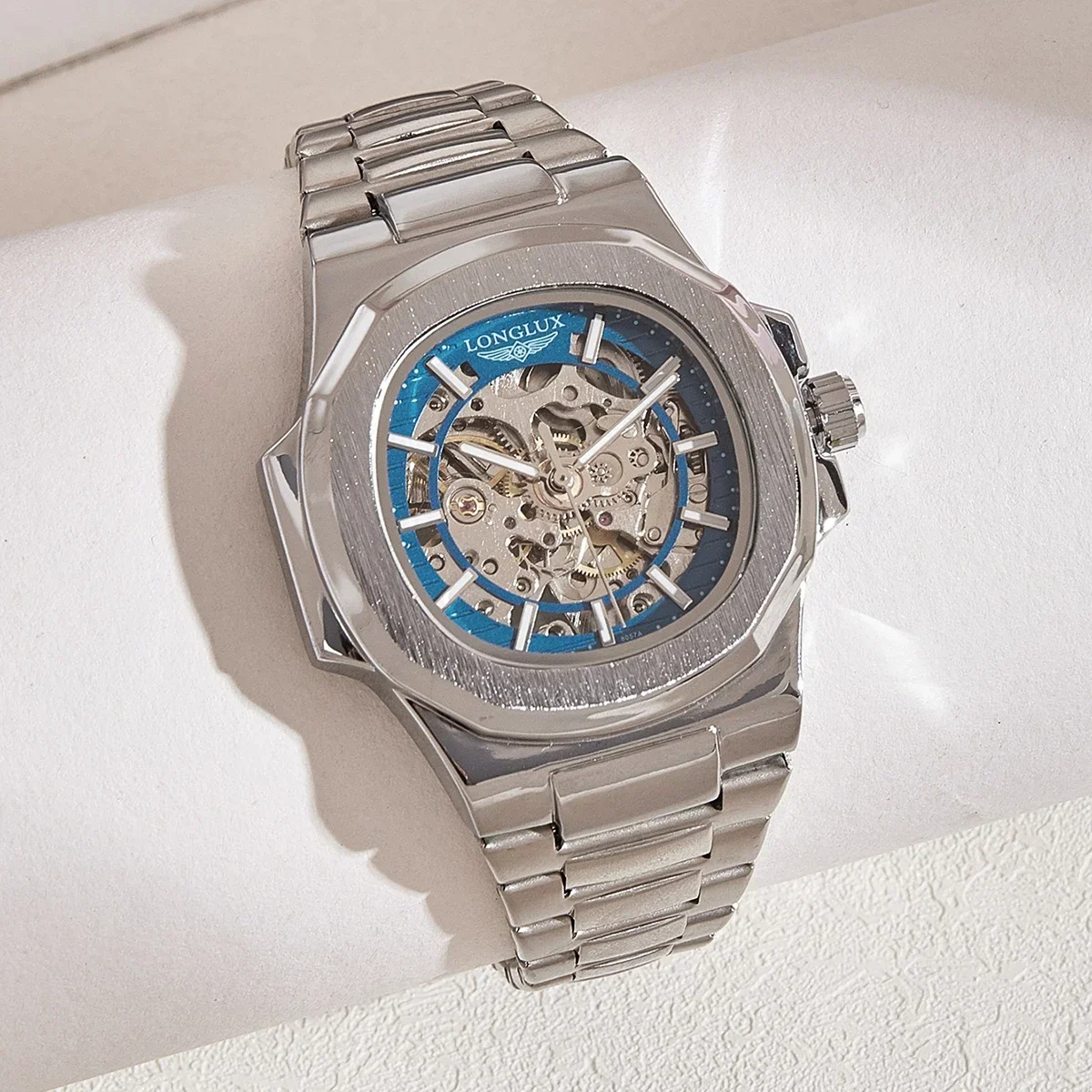 Reloj Mecánico Automático LONGLUX para Hombre, Relojes de Lujo a Prueba de Agua, Esqueleto, Económico, al por Mayor, de Acero Inoxidable, para Regalo