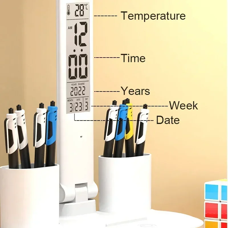 Lámpara de escritorio LED, lámpara de mesa plegable táctil regulable por USB con calendario, reloj de temperatura, luz nocturna para estudio, lámpara de lectura