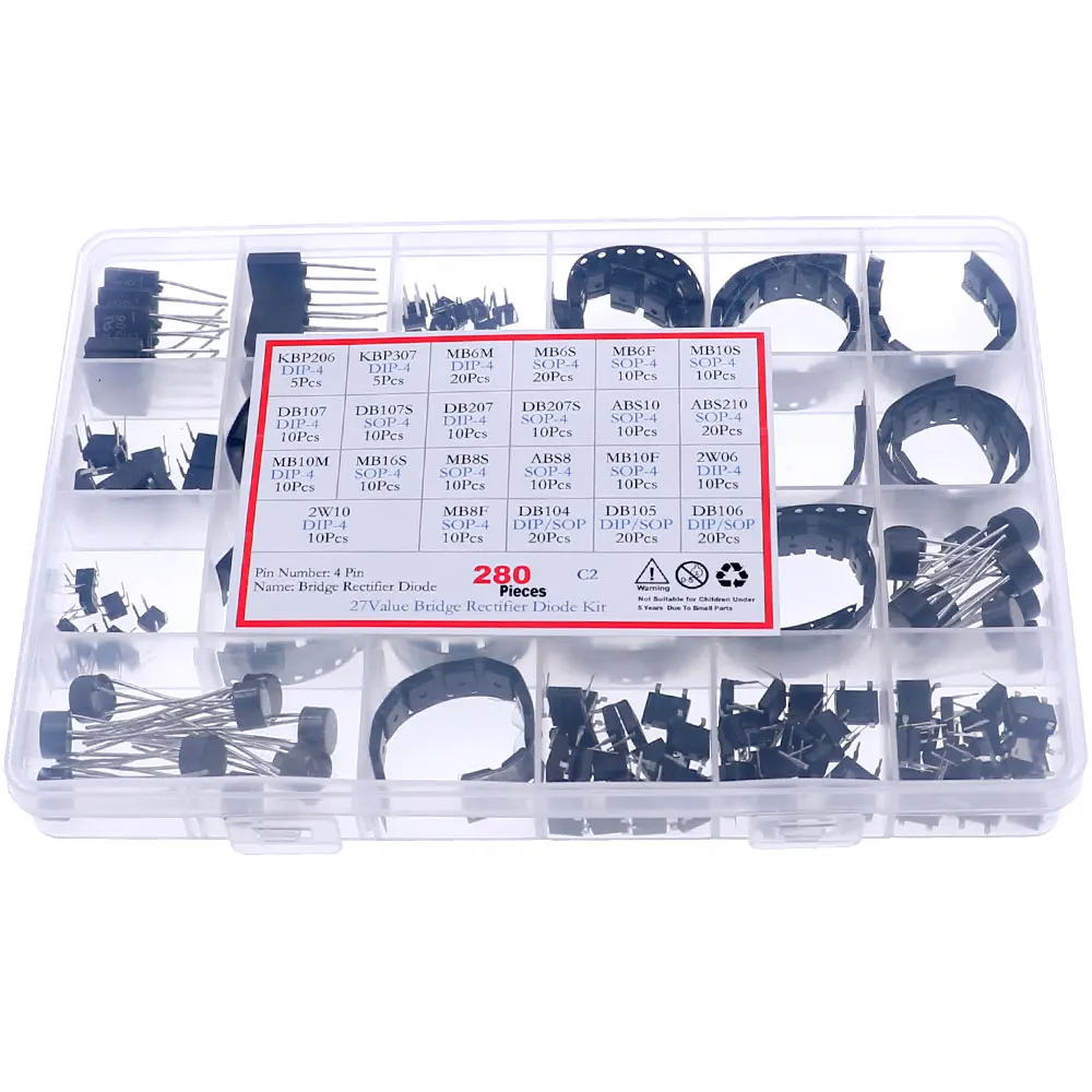 280 Uds 27 estilos Kit rectificador de puente DB106 KBP206 KBP307 MB6M MB10F MB6S DB107 DB207 ABS10 MB10M 2W10 MB8F DB104 ABS8 ABS210