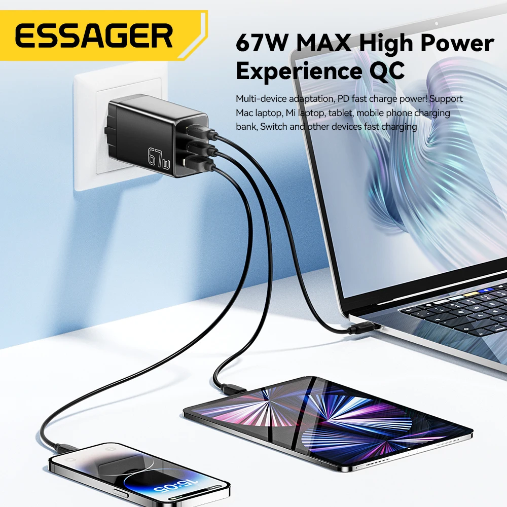 Essager GaN USB tipo C cargador 67W 45W 33W KR enchufe de la UE carga rápida para Samsung iPhone 16 15 14 Pro Huawei teléfono portátil Chagers