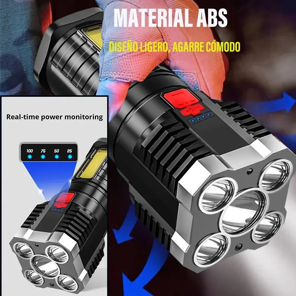 Linternas Led de alta potencia de 5LED, foco recargable para acampar con luz lateral, 3 modos de iluminación para acampar, aventura al aire libre