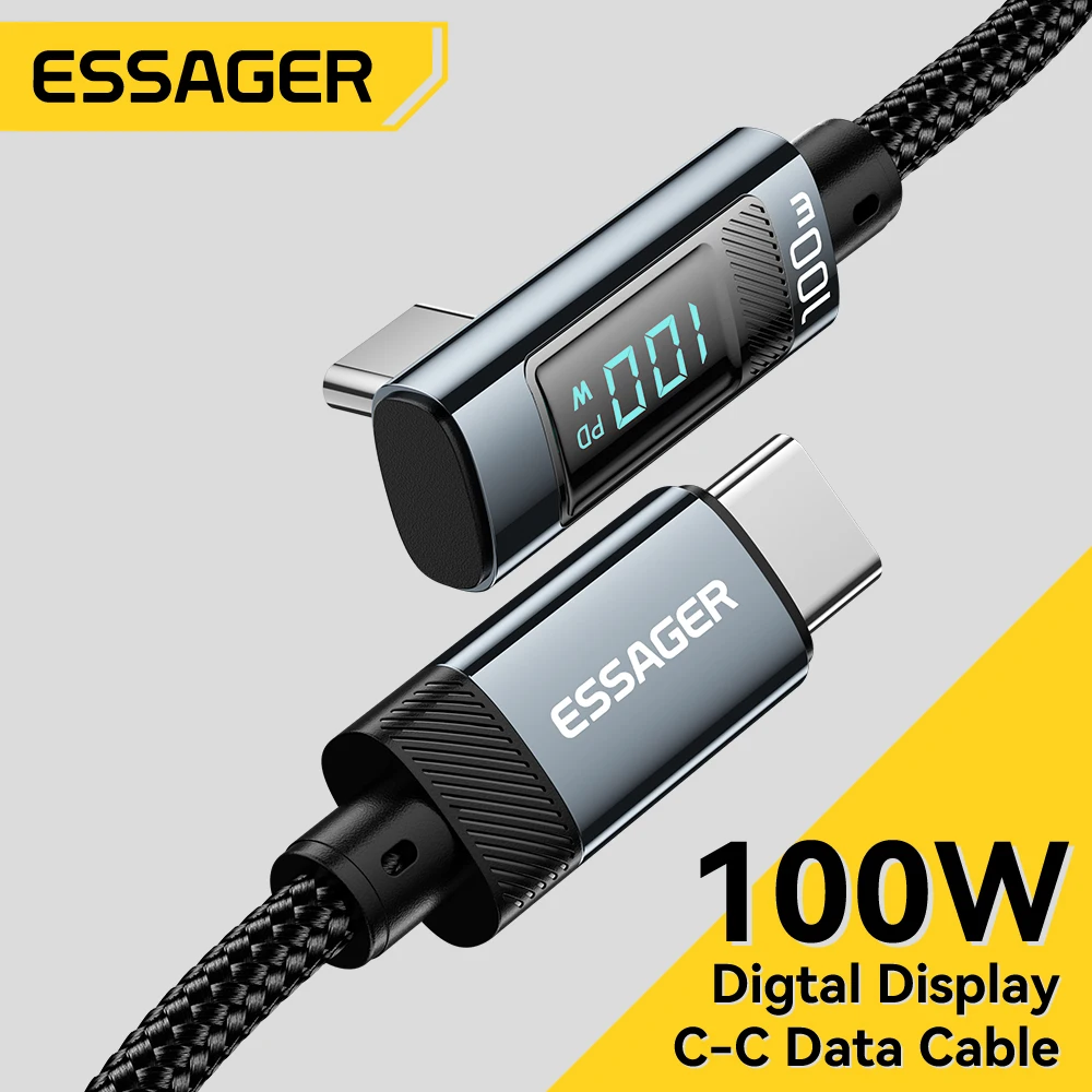 Essager PD100W Cable USB C a tipo C Cable de carga rápida codo de 90 grados con pantalla para Iphone 15 Huawei Samsung Macbook Pro