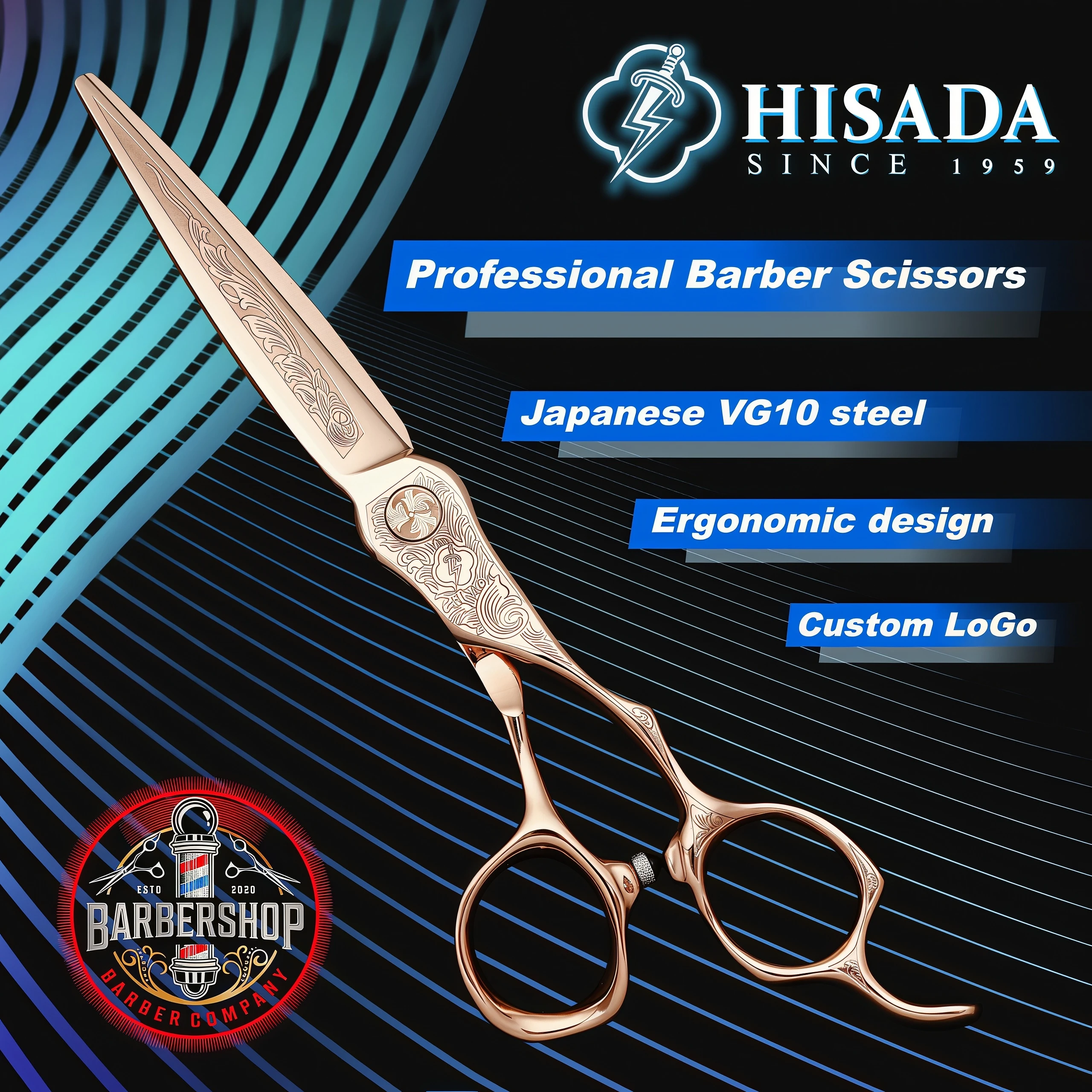 Tijeras de Barbero HISADA, Hechas a Mano en Japón, Material VG10, Tijeras de 6-7 Pulgadas, Color Oro Rosa, Tijeras Profesionales de Peluquería