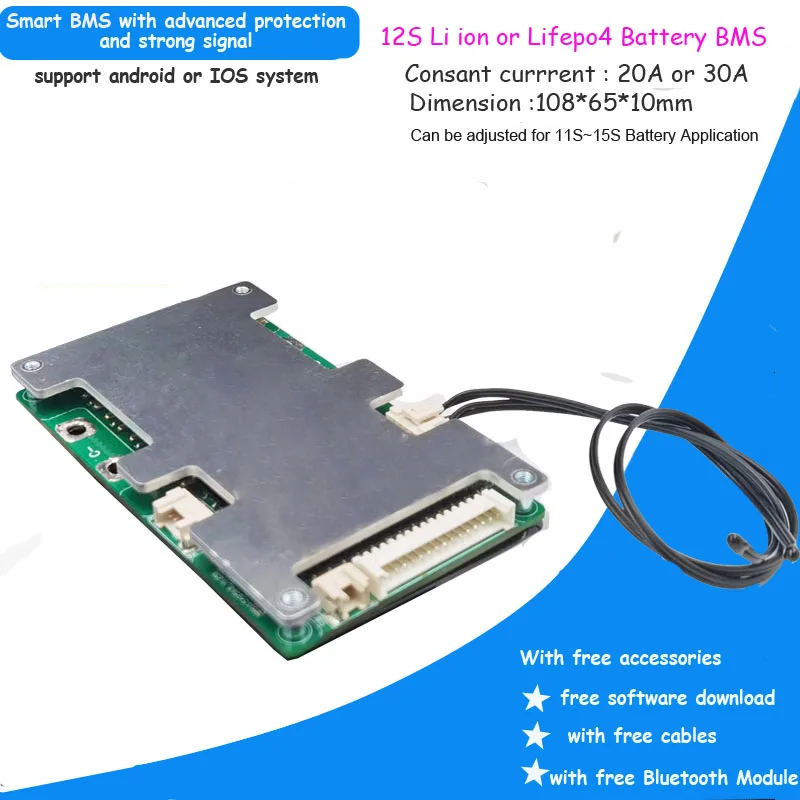 Batería de iones de litio de 12S, BMS inteligente con corriente de descarga constante de 20A, 30A, 40A, 60A, para PCB de litio bluetooth de 50,4 V