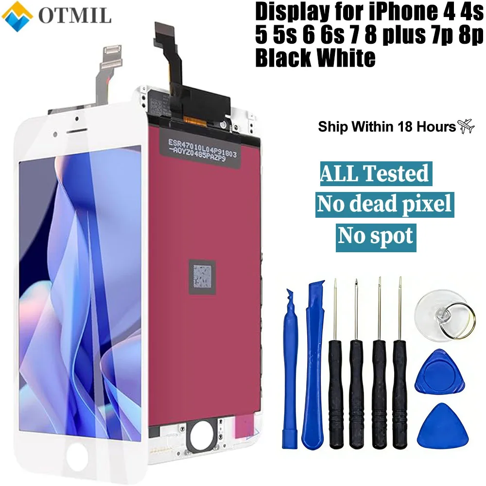 Pantalla LCD para iPhone 4 4S 5 5S 6 6S 7 8 Plus 7P 8P, Repuesto de Pantalla LCD en Blanco y Negro con Digitalizador y Herramientas de Reparación