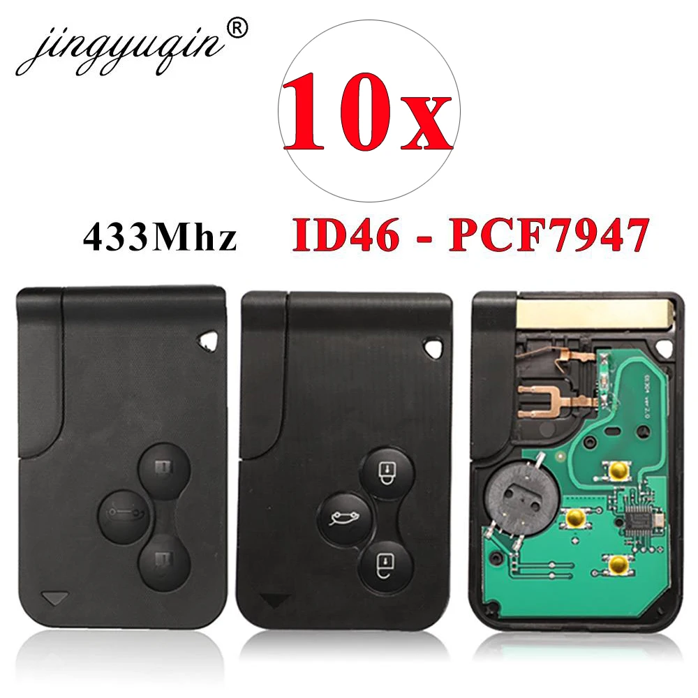 Jingyuqin 10 unids/lote 433Mhz ID46 PCF7947 Chip y inserción de hoja pequeña tarjeta de llave inteligente remota para Renault Megane Scenic Grand 3 botones