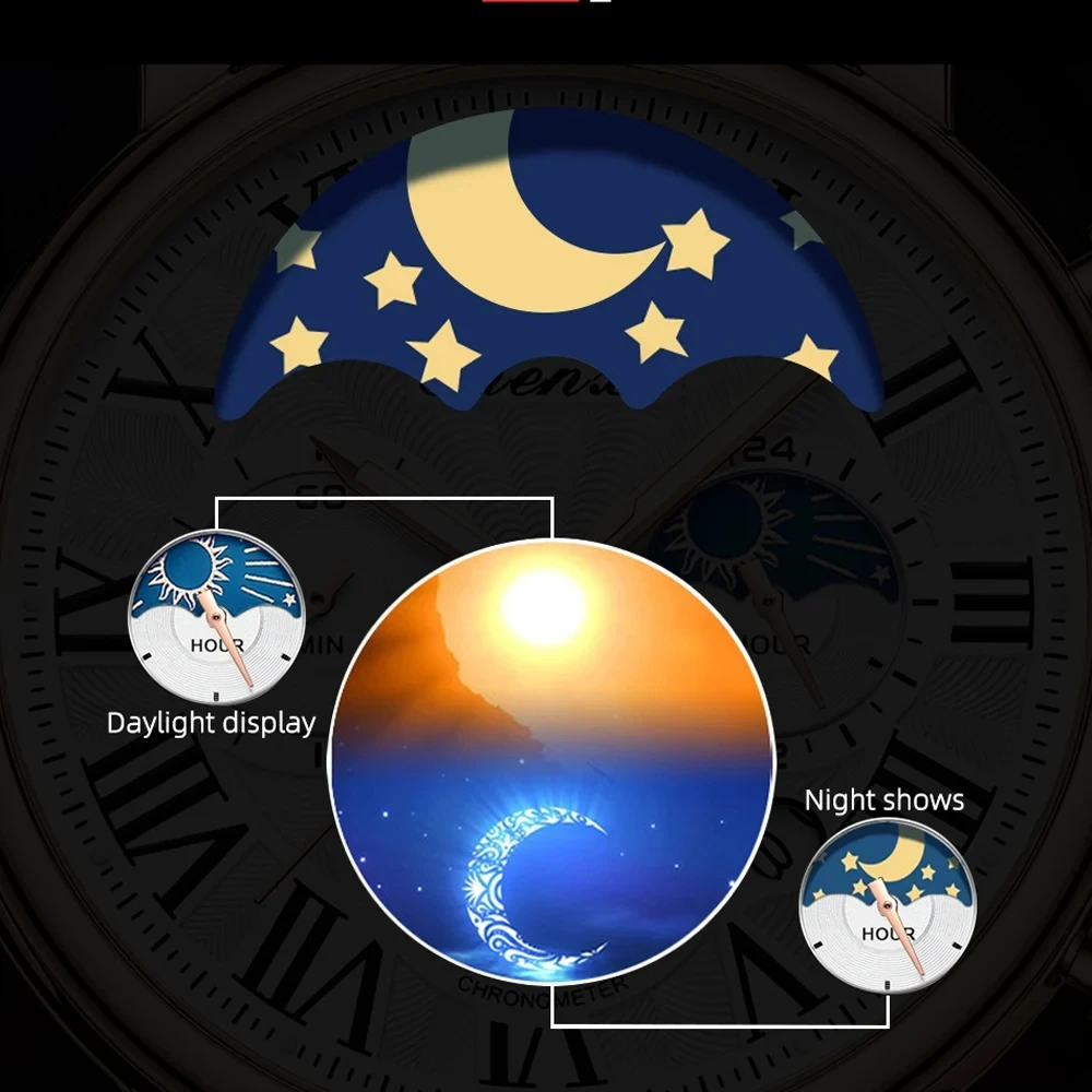 CHENXI 973 Reloj de cuarzo para hombre, moda de negocios, fase lunar, fecha, cronógrafo multifuncional, reloj de pulsera con correa de cuero