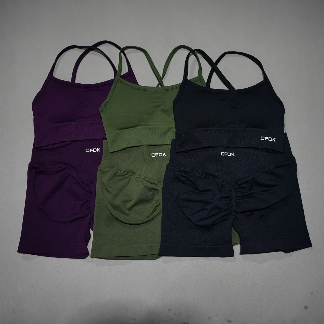 DFDK Conjunto deportivo de 2 piezas para mujer, sujetador deportivo con cordones, pantalones cortos sin costuras, leggings, conjunto deportivo para yoga, gimnasio, correr y fitness