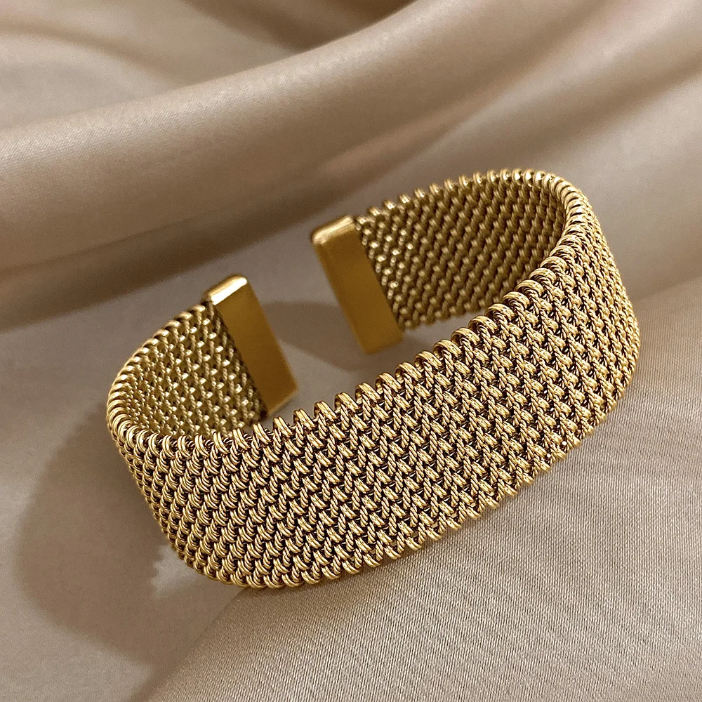 Brazaletes dorados de tejido Vintage para mujer, pulsera gruesa de acero inoxidable elegante a la moda, brazalete resistente al agua, regalos de joyería