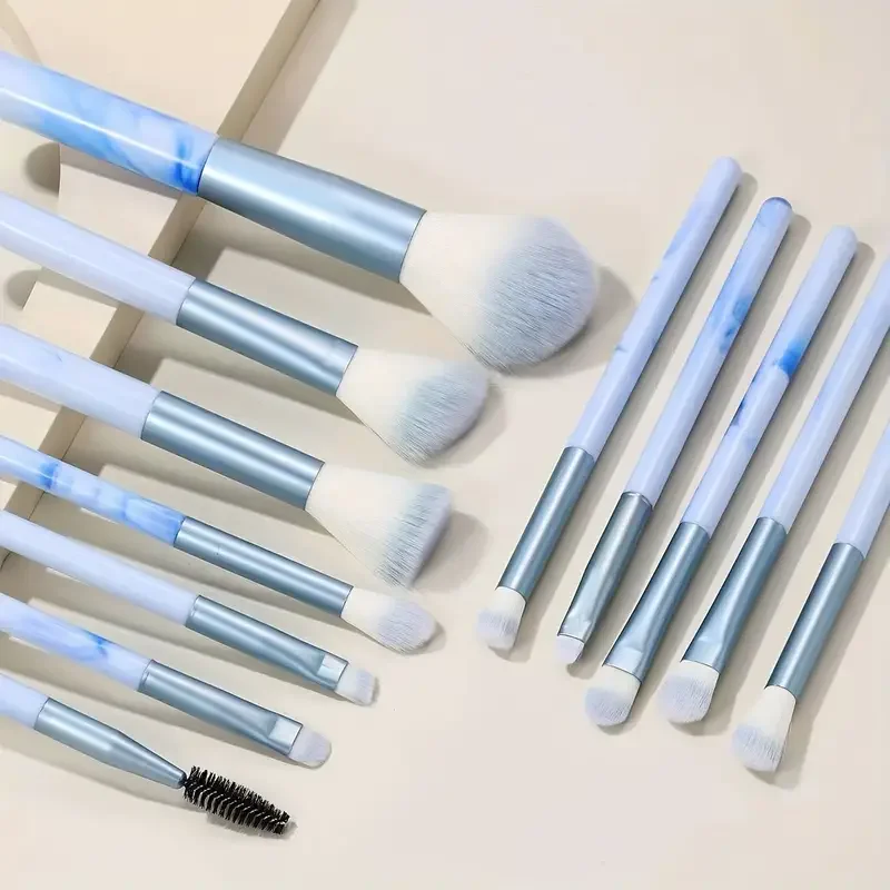 Set de 12 Brochas de Maquillaje Azules para Base, Corrector, Rubor, Polvo, Sombra de Ojos, Kabuki, Brochas Suaves y Esponjosas para Maquillaje Femenino
