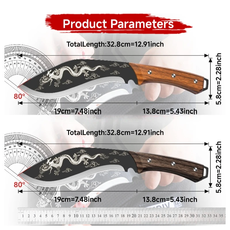 Stainless Steel Dragon Flower Pattern Chopping Meat Cleaver Hand Forged Kitchen Knife Wooden Handle Butcher Knife