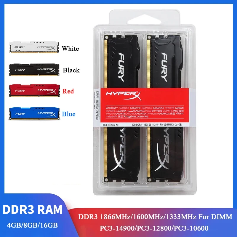 HyperX Fury-memoria RAM DDR3 para ordenador de escritorio, 8GB, 16GB, 2x4GB (2x8GB), 1866MHz, 1600MHz, 1333MHz, PC3-12800, 14900 V, DIMM, 240 pines
