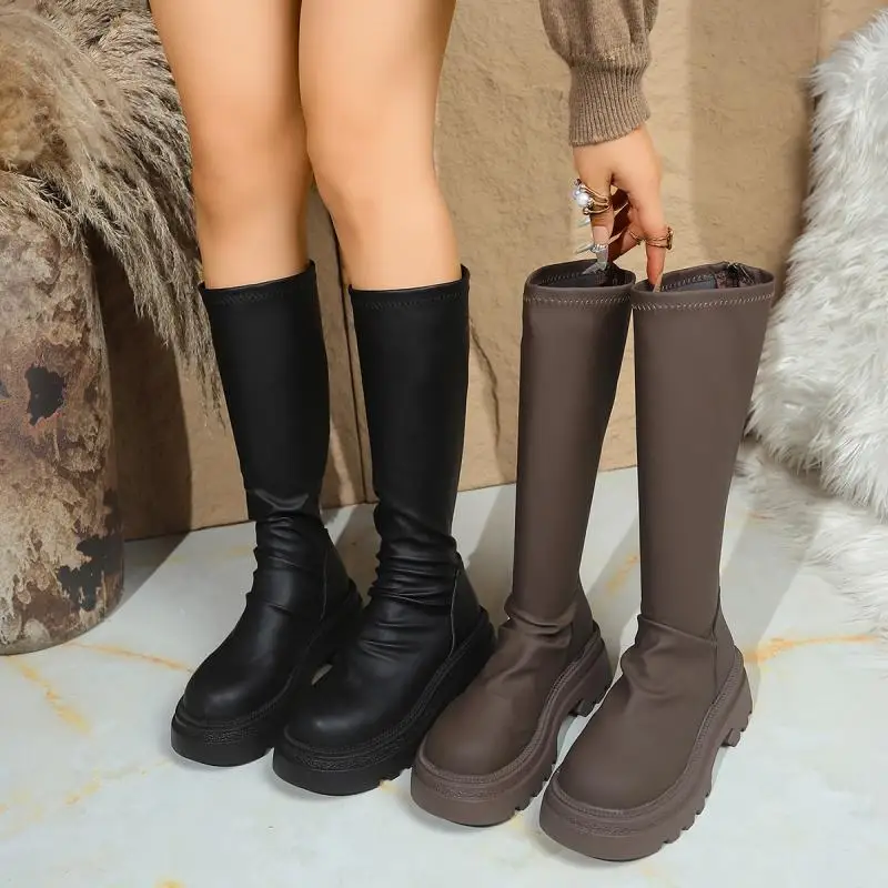 Botas Altas Negras Sexys con Plataforma y Tacón Grueso para Mujer, Invierno 2026, Cómodas, Elásticas, para Montar a Caballo, Tallas Grandes