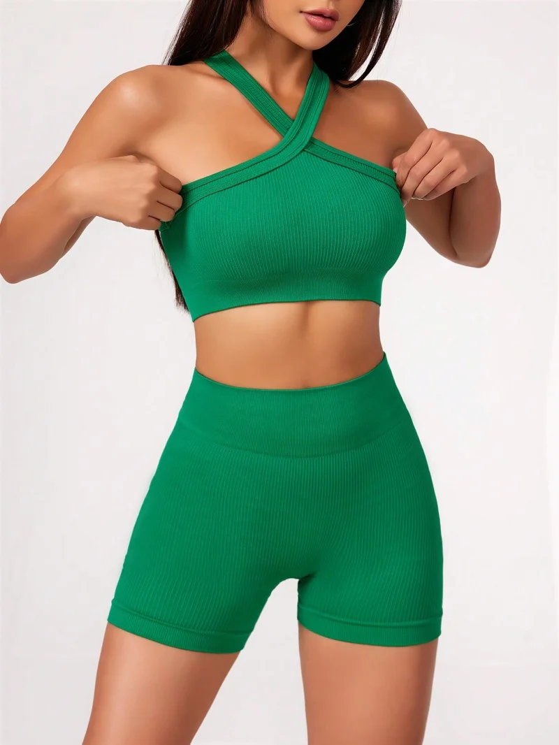 Conjuntos de Yoga de 2 uds., conjunto de gimnasio de sensación desnuda, ropa de entrenamiento para mujer, pantalones cortos de Yoga de cintura alta y Sujetador deportivo de tiras, conjuntos cortos de verano