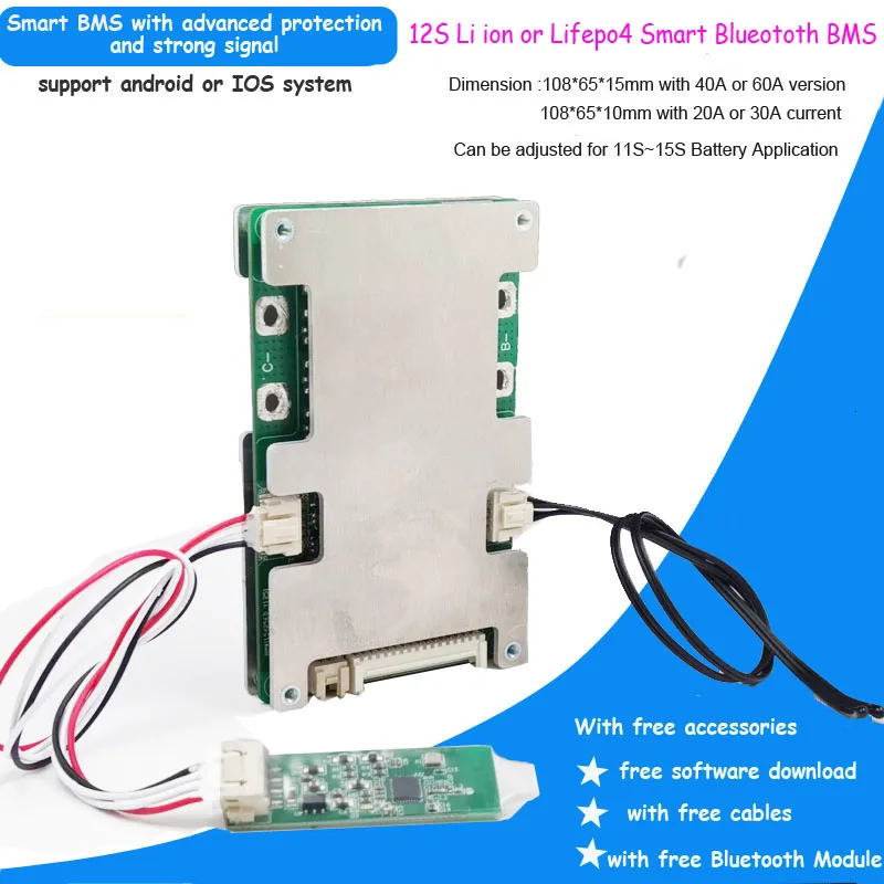 Batería de iones de litio de 12S, BMS inteligente con corriente de descarga constante de 20A, 30A, 40A, 60A, para PCB de litio bluetooth de 50,4 V