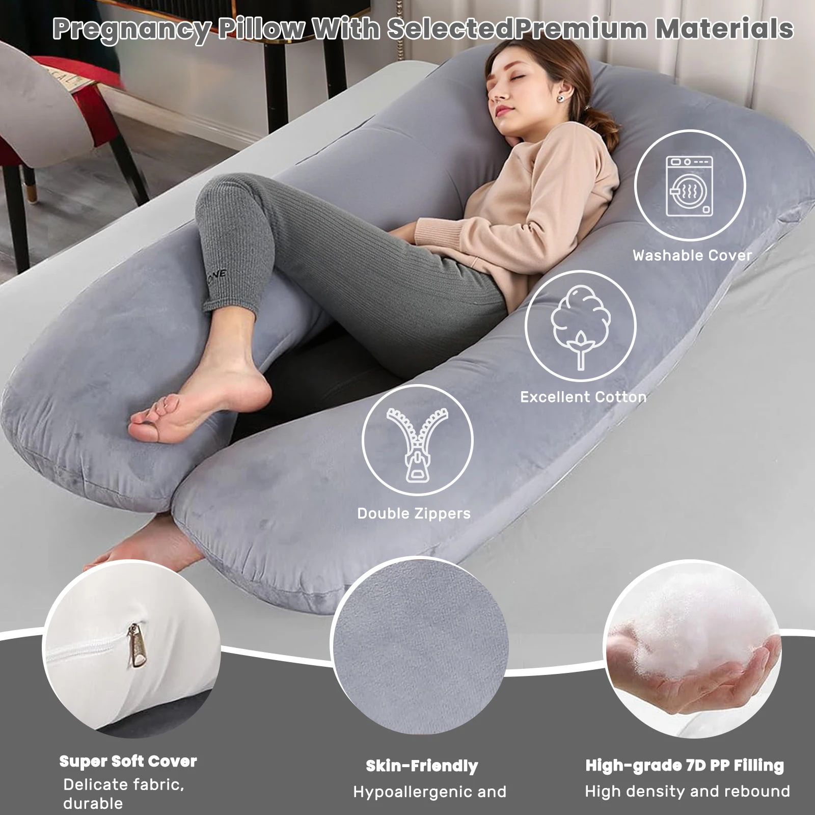 Almohada de embarazo en forma de U para dormir, almohada de cuerpo completo, almohada de embarazo, almohada de maternidad, con funda extraíble (gris)