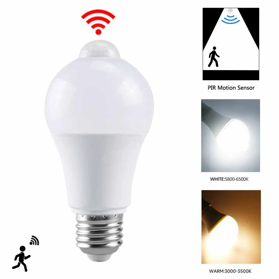 Bombilla LED con Sensor de movimiento E27, lámpara LED con Sensor PIR B22, luz nocturna de encendido/apagado automático para porche, escaleras, luces de seguridad para garaje