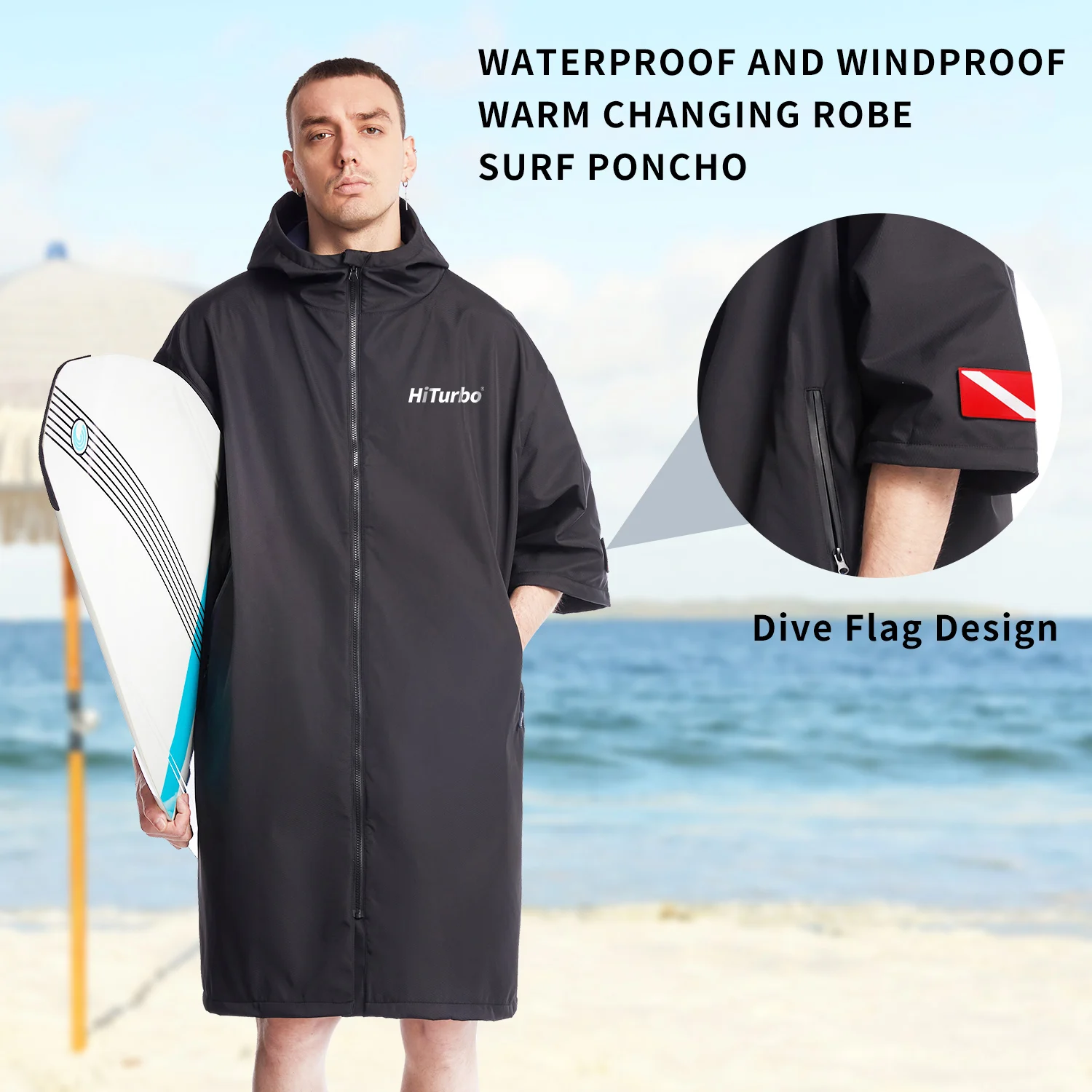 Hiturbo-capa impermeable de manga corta con capucha, capa cambiante a prueba de viento, secado rápido, natación, surf, escalada, capa cálida de secado rápido