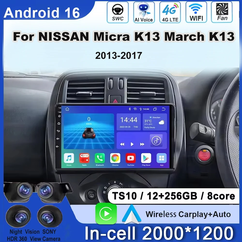 Radio para Auto Android 16 de 9 Pulgadas para NISSAN Micra K13 March K13 2013-2017, Carplay, Autoradio, Pantalla para Auto, Sin 2din, DVD, 4G, WIFI