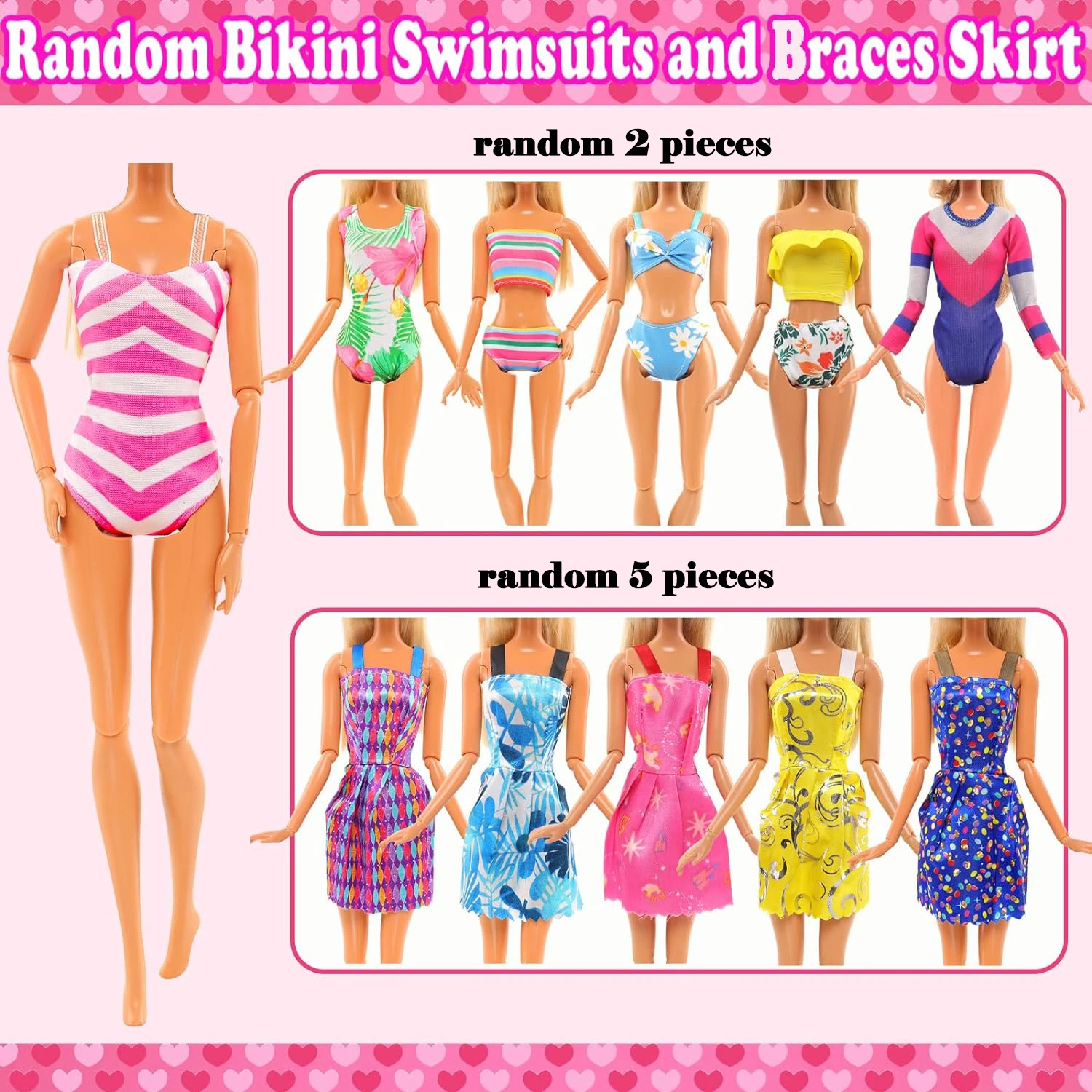 45 piezas de ropa para muñecas de 11.5'' = 2 vestidos de novia, 2 blusas, 2 pantalones, 2 vestidos, 2 trajes de baño, 5 faldas con tirantes, 10 zapatos, 22 accesorios para muñecas de 30 cm.