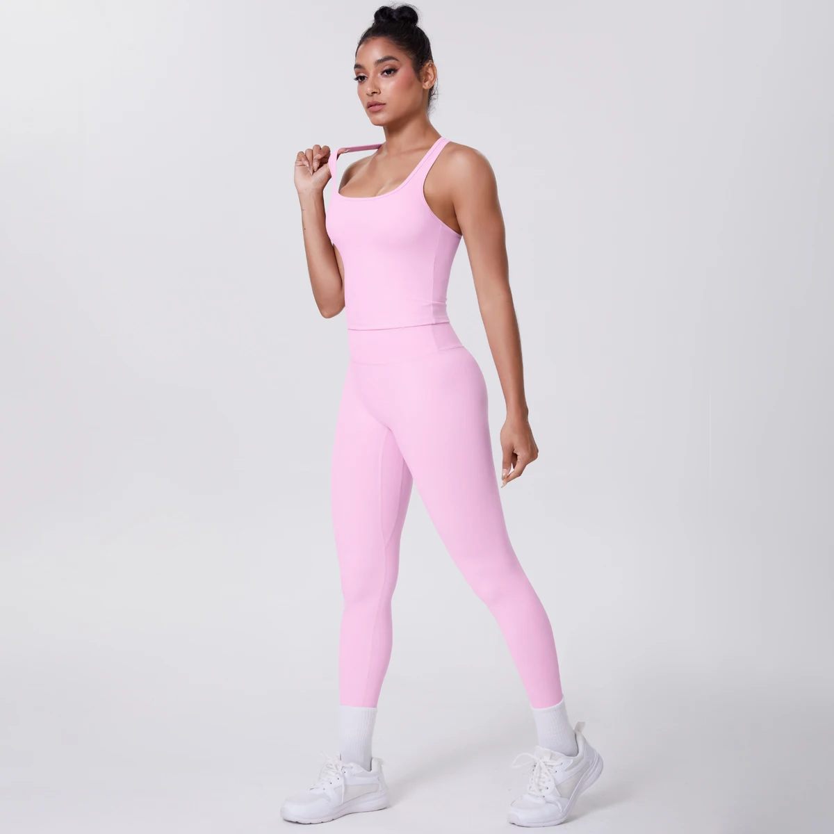 Hamidou - Conjunto de yoga de 2 piezas para mujer: leggings de fitness de secado rápido con efecto push-up y top deportivo con espalda en I de color liso.
