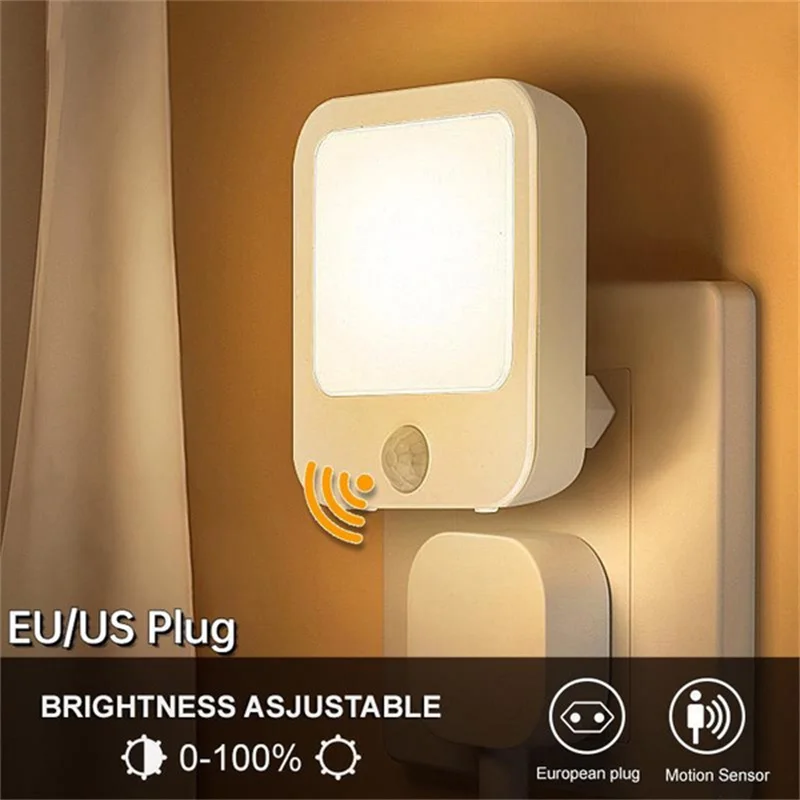 Luces LED de noche con Sensor de movimiento, enchufe europeo, luz de gabinete regulable para mesita de noche de bebé, dormitorio, pasillo, lámpara de noche inalámbrica, iluminación