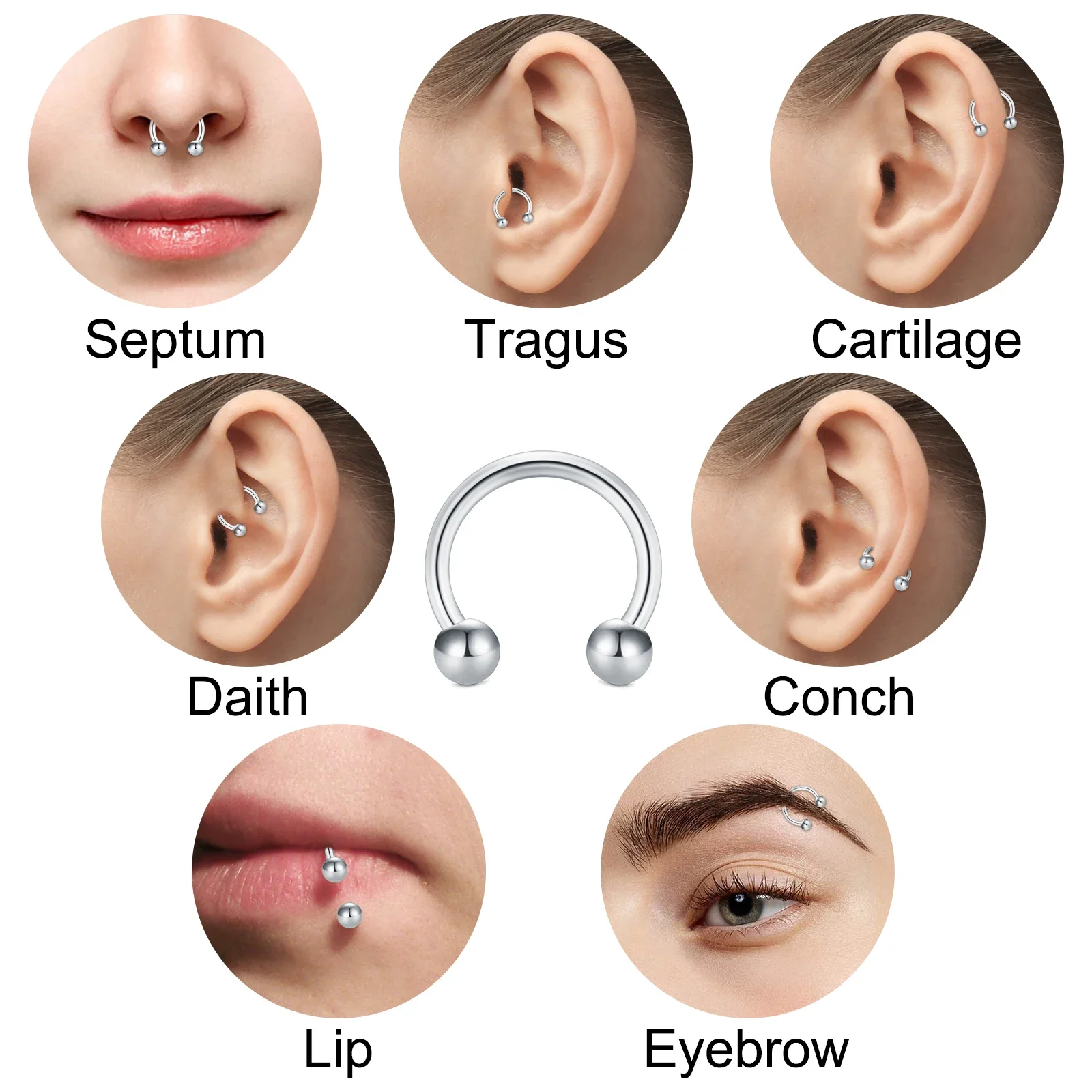Kit de perforación corporal de 50 piezas, anillo de nariz en forma de L en forma de corazón, pendiente de oreja de cartílago de cejas de lengua de labio de nariz de acero inoxidable,
