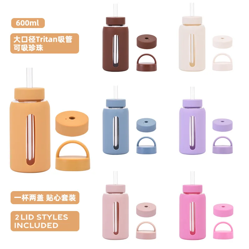 Taza de vidrio de 600ml, tapas dobles, funda de silicona, aislamiento térmico anticaliente, gran capacidad, portátil para exteriores, botella de agua graduada, taza