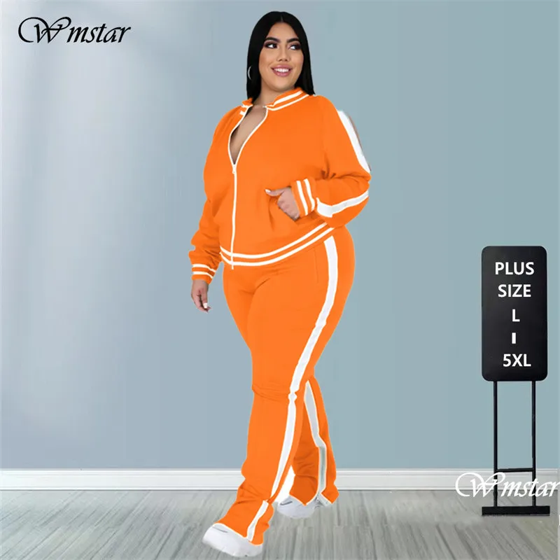 Conjunto de dos piezas de talla grande L-5XL para mujer, chándal con cremallera a rayas, pantalones de chándal con abertura, conjunto para correr, venta al por mayor, triangulación de envíos