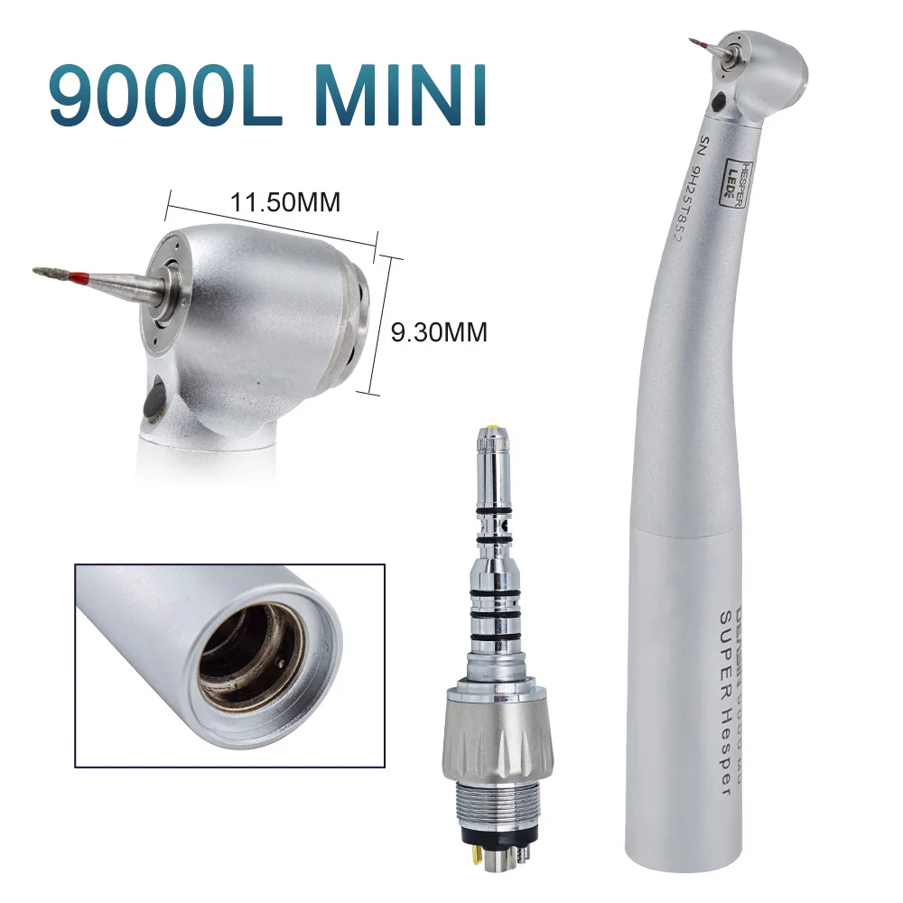 DEASIN Dental Pieza de mano de alta velocidad para niños, cabezal mini 9000L, fibra óptica LED, 4 chorros, fresas de vástago corto para niños