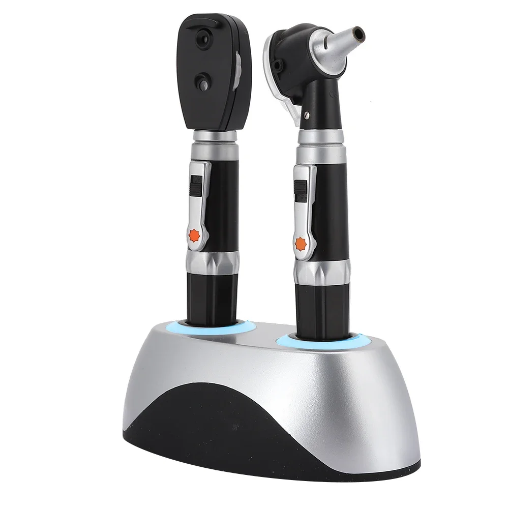 Dispositivos de limpieza de oídos para examen de ojos y oreja de doble orificio, Base recargable, oftalmoscopio de fibra óptica, Kit de herramientas otoscopio, enchufe europeo USB
