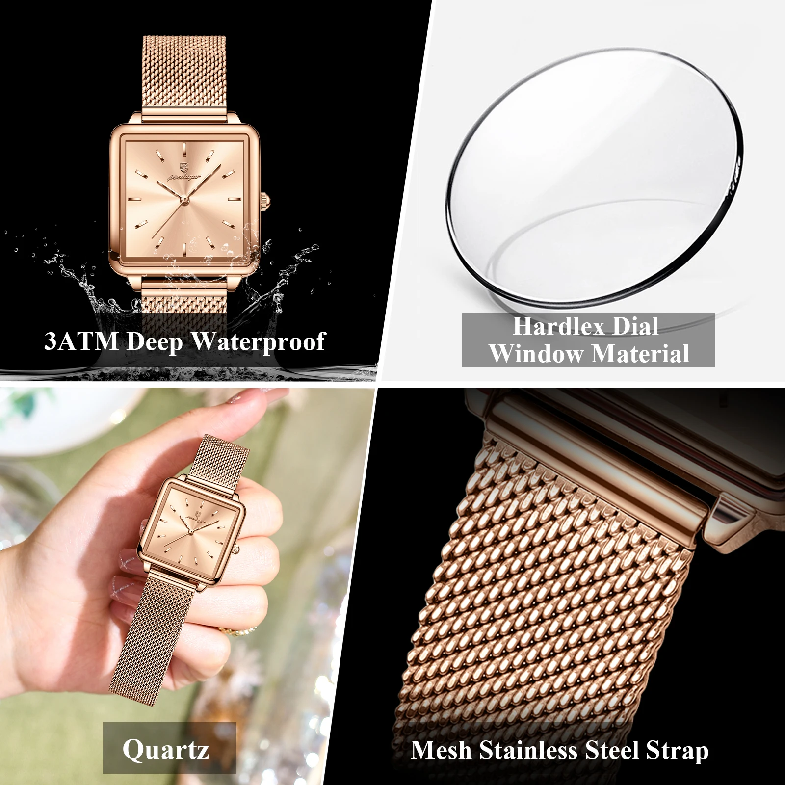 POEDAGAR Reloj cuadrado de moda para mujer, Reloj de malla de acero inoxidable resistente al agua para mujer, relojes de cuarzo elegantes para mujer, Reloj femenino