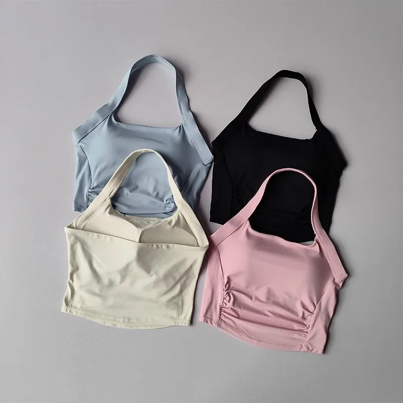 Sujetador deportivo con cuello colgante para mujer, chaleco de Yoga sin espalda fruncido para Fitness, absorbente de golpes, para correr, entrenamiento, Pilates, Top deportivo
