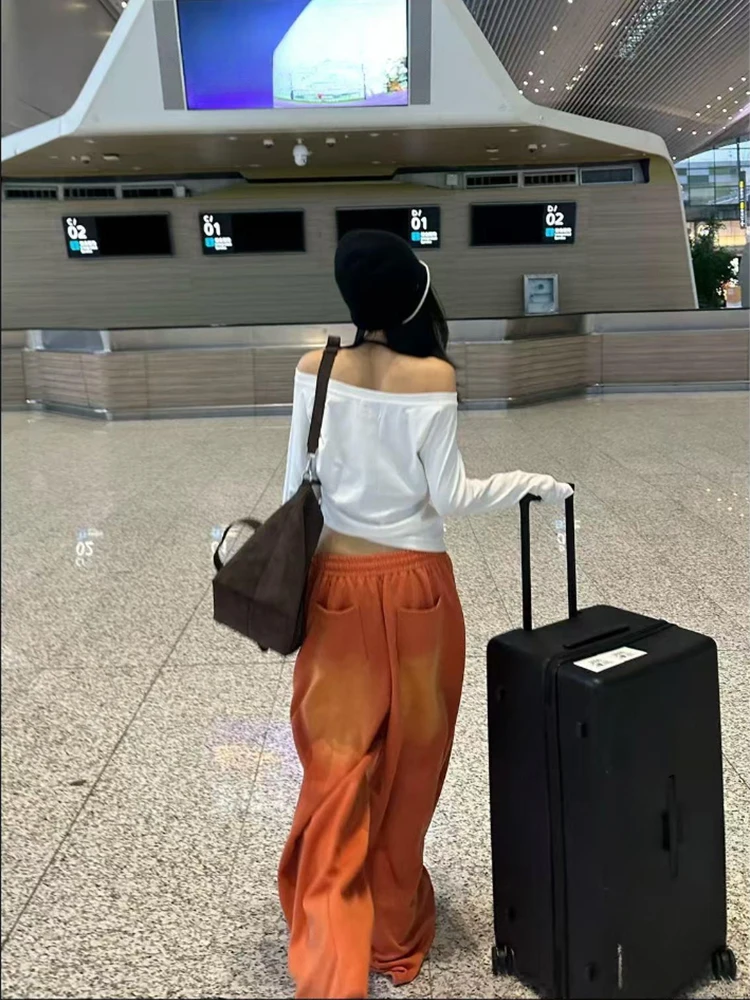 NUOMICI, pantalones vaqueros para mujer, naranja, cintura media baja, lavados, Retro, pierna ancha, sueltos, deportivos, Kpop, Hip-hop, pantalones de calle, pantalones de moda para mujer