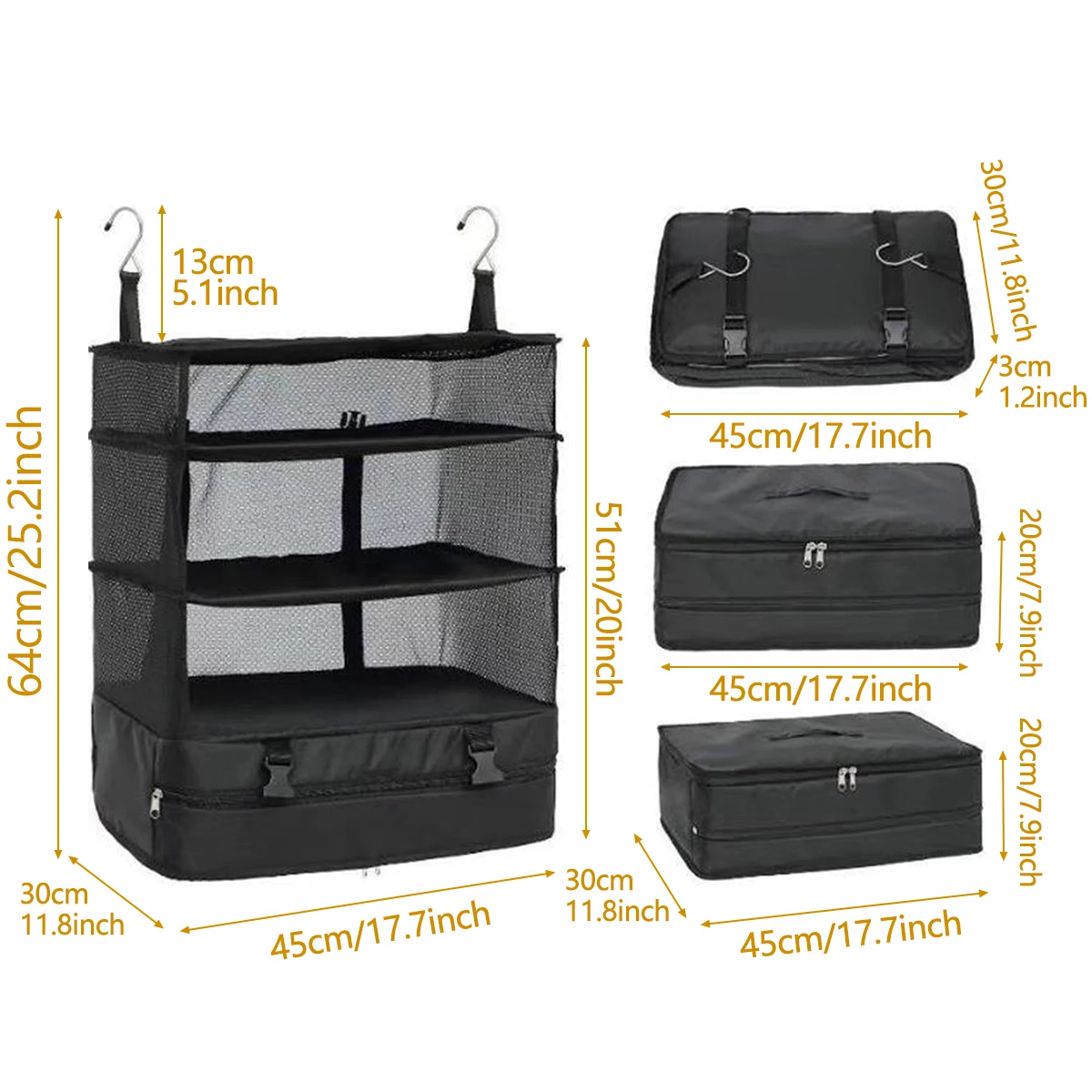 Organizador de equipaje de viaje, estantes de viaje portátiles, bolsa de maleta de 3 estantes, cubo de embalaje, bolsa de almacenamiento de armario colgante plegable, espacio