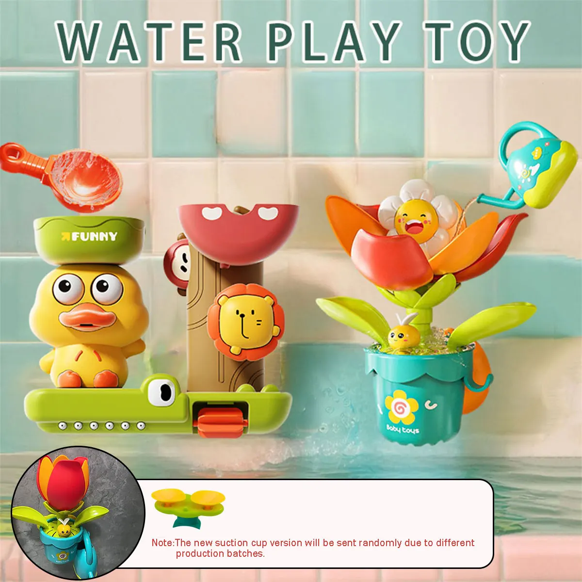 2025 Juguete de baño para bebé, juego de agua en forma de pato/flor, rueda de agua de León, diversión para niños en la bañera de ducha con ventosa, regalo para niños