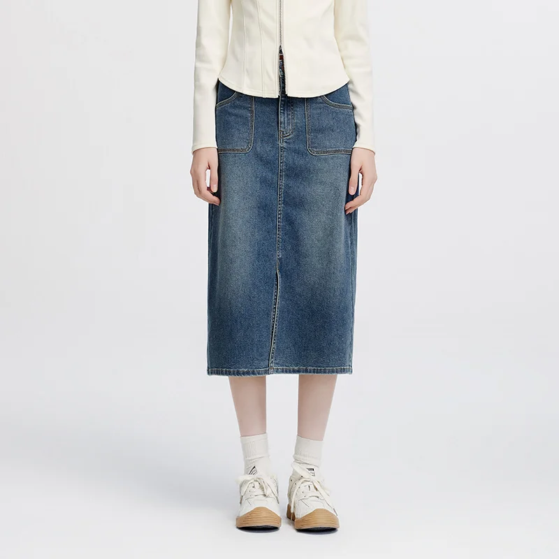 Falda de mezclilla Semir para mujer, estilo retro, recta, larga, ajustada, con abertura, para uso diario urbano y cómodo, otoño 2026