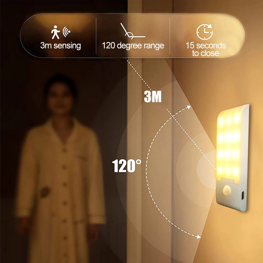 Luz nocturna de 12LED con Sensor de movimiento, lámpara LED recargable por USB para pasillo, baño, armario, cocina, debajo del gabinete, alto brillo