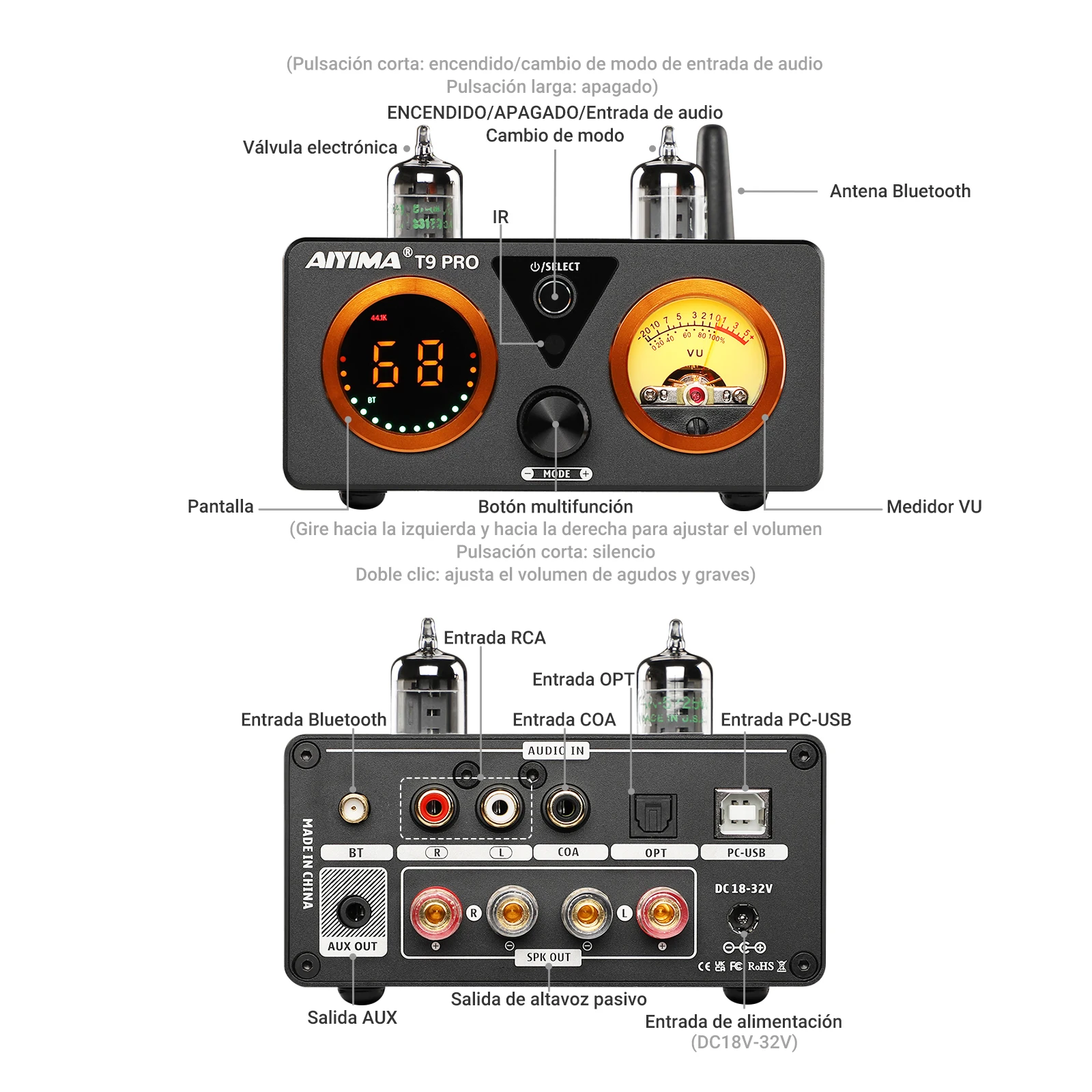AIYIMA T9 PRO APTX HD amplificador Bluetooth Audio 100Wx2 amplificador de potencia estéreo HiFi USB DAC COAX OPT VU medidor amplificador de tubo