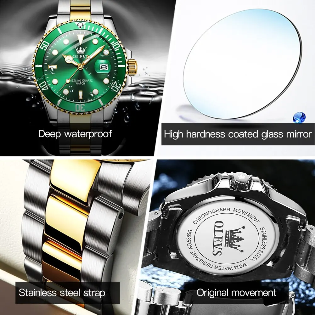 OLEVS-reloj de cuarzo de acero inoxidable para hombre, cronógrafo de pulsera luminoso, resistente al agua, color verde, Original